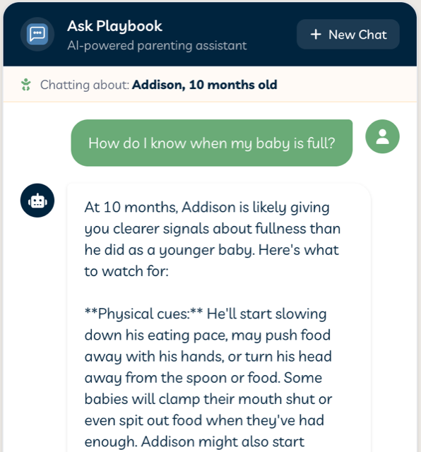 Playbook Chat answering a parent's feeding question